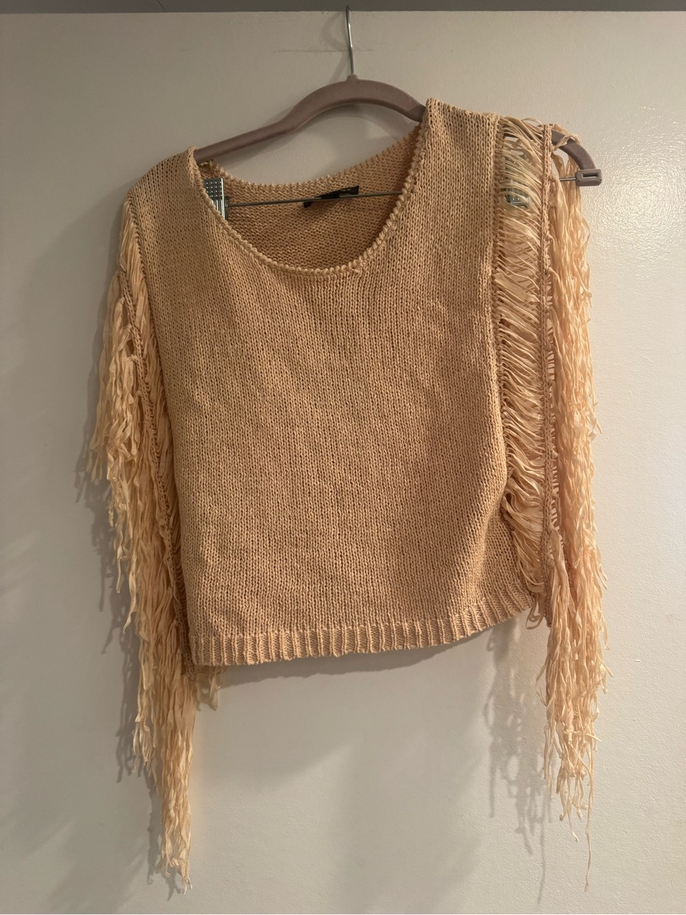 Rampage Beige Fringe Sleeve Crew Neck Sweater XS Boho Casual